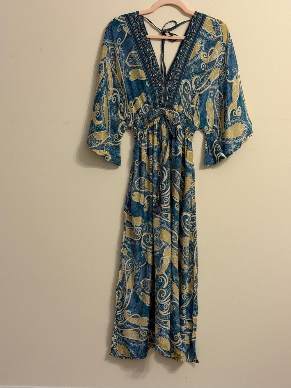 Boho Paisley V-Neck Midi Dress in Teal and Mustard - Picture 2 of 3